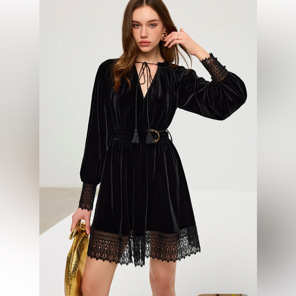 Commense Velvet Belted Lace Trim Mini Dress Black Tassel Size Small